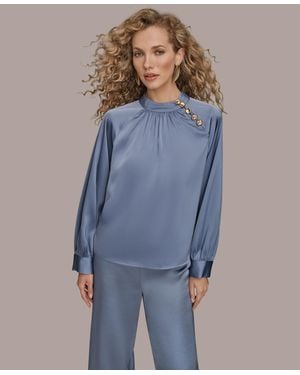 Donna Karan Printed Long Sleeve Mock Neck Top - Blue