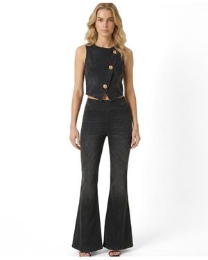 Modenaire Denim Vest Top And Wide-leg Pant Set - Black