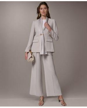 Donna Karan Draped Necktie Fitted Blazer High Waist Wide Leg Pants - Gray