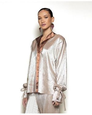 Terese Sydonna Long Tie Sleeve Shimmer Pleated Tuxedo Top - White