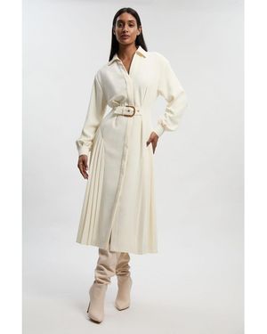 Karen Millen Tailored Crepe Belted Pleated Midi Dress - White