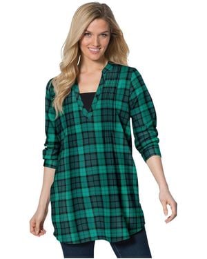 Woman Within Plus Size Flannel Tunic With Layered Look - Green
