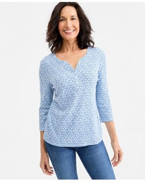 Style & Co. Printed 3/4-sleeve Henley Top - Blue