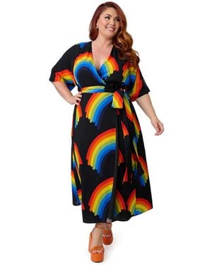Unique Vintage Plus Size Tie Wrap Surplice Midi Dress - Multicolor