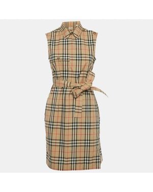 Pre-owned Burberry Beige Vintage Check Print Cotton Wrap Around Mini Dress - White
