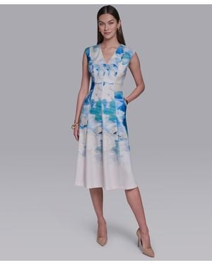 Halston V-neck Cap-sleeve Midi Dress - Blue