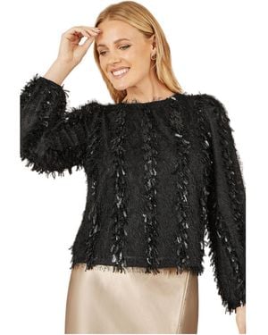 Yumi' Hanging Sequin Long Sleeve Top - Black