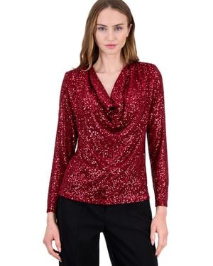 Anne Klein Sequin Long Sleeve Cowl Neck Blouse - Red