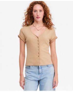On 34th Ruffle-trim Button-front Short-sleeve Ribbed Top - Blue