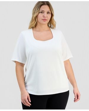 Kasper Trendy Plus Size Textured Square-neck Top - White