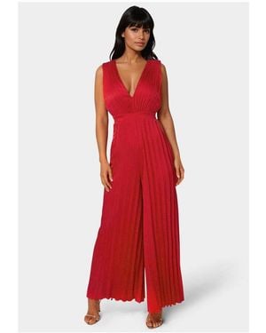 Bebe Bare Deep Vee Pleated Satin Jumpsuit - Red