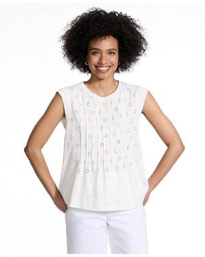 Lands' End Cap Sleeve Eyelet Pintuck Swing Top - White