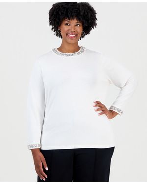 Anne Klein Plus Size Rhinestone Embellished Keyhole Sweater - White