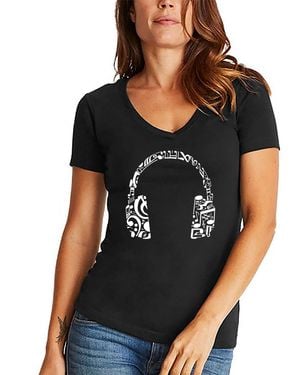 LA Pop Art Word Art Music Note Headphones V-neck T-shirt - Black