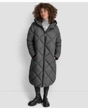 DKNY Diamond Quilted Hooded Puffer Coat - Gray