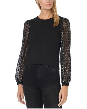 Cece Mixed Media Sequin Puff-sleeve Crewneck Blouse - Black