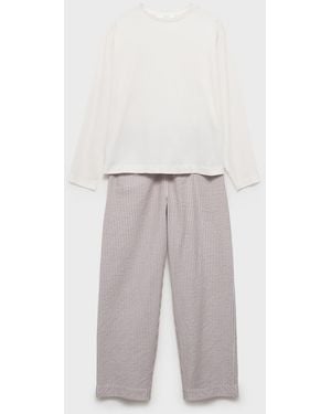 Mango 2-piece Seersucker Striped Pajamas - White