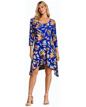 La Moda Clothing Shark-bite Asymmetrical Tropical Print Knit Resort Dress - Blue