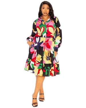 Buxom Couture Plus Size Floral Long Sleeve Tiered Shirt Dress