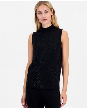 Anne Klein Sleeveless Heatset Diamond Mockneck Tank - Black