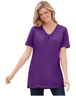 Woman Within Plus Size Within Perfect Short-sleeve Shirred V-neck Tunic - Purple