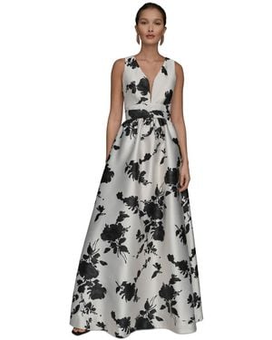 Donna Karan Short Sleeve V-neck Floral Print Mikado Gown - White