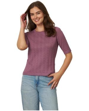 Cable & Gauge Pointelle Stitch Jewel Neck Sweater - Purple