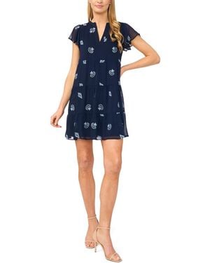 Cece Embroidered V-neck Short Tiered Dress - Blue