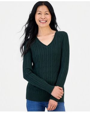 Style & Co. Cotton Cable-knit V-neck Sweater - Green