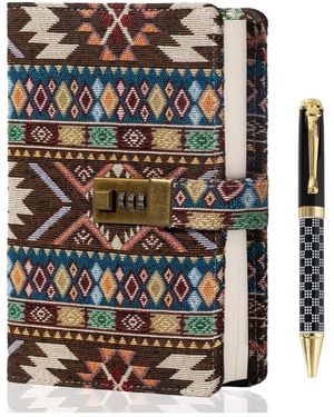 Danrong Fabric Cover Lock Diary Lined Hardcover Journal With Pen Numbered Pages Writing Planning - Brown