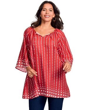 Avenue Plus Size Bell Sleeve Keyhole Tie Blouse - Red