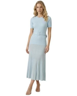 Modenaire Ribbed Knit Belted Pleated Midi Dress - Blue