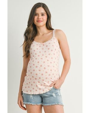 Hello Miss Maternity Ribbed Floral Lace Trim Cami Tank Top - Gray