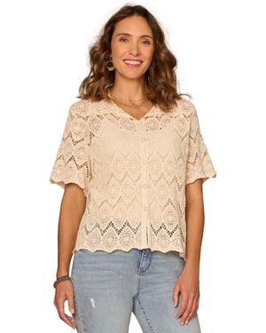 Democracy Petite Collared Short-sleeve Crochet Top - Natural