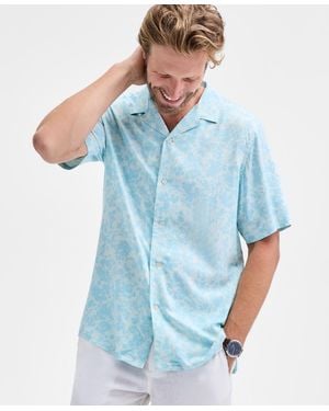 Club Room Copen Short Sleeve Floral Print Button-front Camp Shirt - Blue