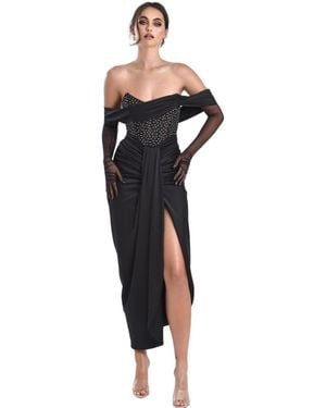 Miss Circle Stella Off Shoulder Crystal Corset Satin Gown - Black