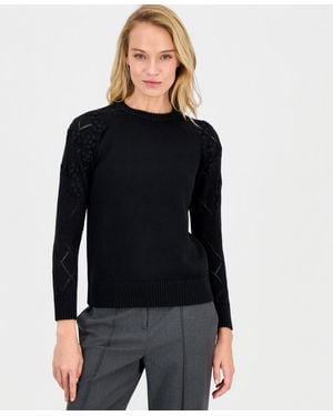 Anne Klein Flower-trim Long-sleeve Sweater - Black
