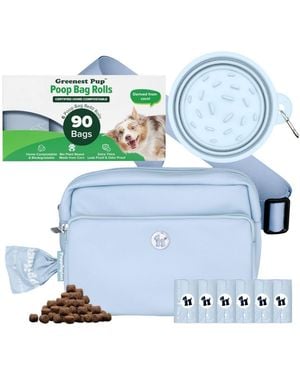 Puppington Walk Star Kit: 3-in-1 Dog Walk Bag & Bowl Plus Matching 90 Refill Dog Poop Bags - Blue