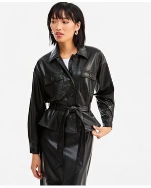 INC International Concepts Belted Faux Leather Peplum Shirt Jacket - Black