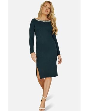 Yumi' Bedazzled Neck Fitted Midi Knitted Dress - Blue