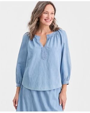 Style & Co. Cotton Chambary Split-neck Top - Blue