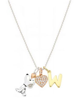 Disney Peanuts Cubic Zirconia Snoopy Heart Initial Cluster Charm Necklace - Metallic