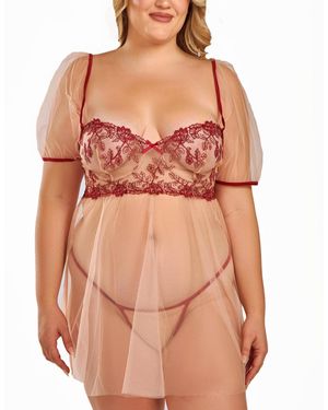 iCollection Plus Size Soft Cup Embroide Mesh Bbdoll Lingerie Set - Orange
