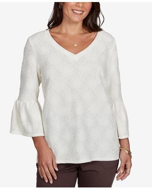 Ruby Rd. Petite V-neck Floral-print Bell-sleeve Top - White