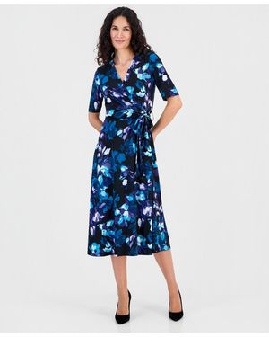 Kasper Elbow-sleeve Wrap-front Fit & Flare Dress - Blue