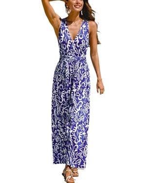 CUPSHE Abstract Print Sleeveless V-neck Tie Waist Wide Leg Jumpsuit - Blue