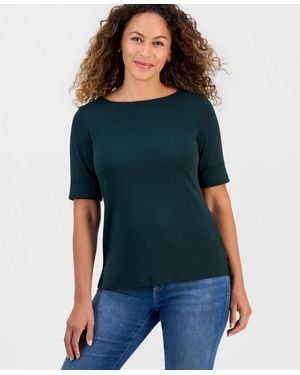 Style & Co. Petite Cotton Elbow-sleeve Boat-neck Top - Blue