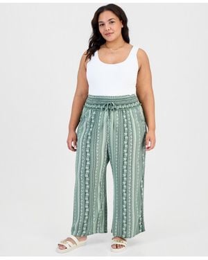 Kingston Grey Trendy Plus Printed Smocked-waist Wide-leg Pants - Blue