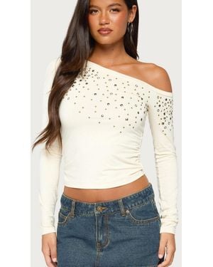 Edikted Hetty Long-sleeve Off-the-shoulder Studded Top - White