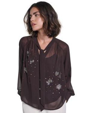 KARL LAGERFELD Tie-neck Long-sleeve Embellished Chiffon Blouse - Purple